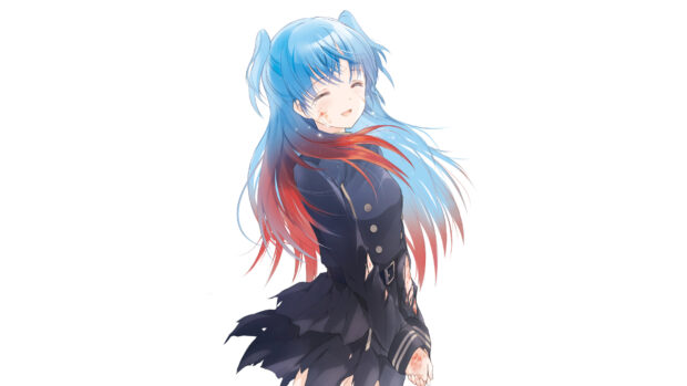 A Worldend Anime Wallpapers character with vibrant blue and red hair smiles gently wearing a dark uniform, HD Mobile Wallpaper