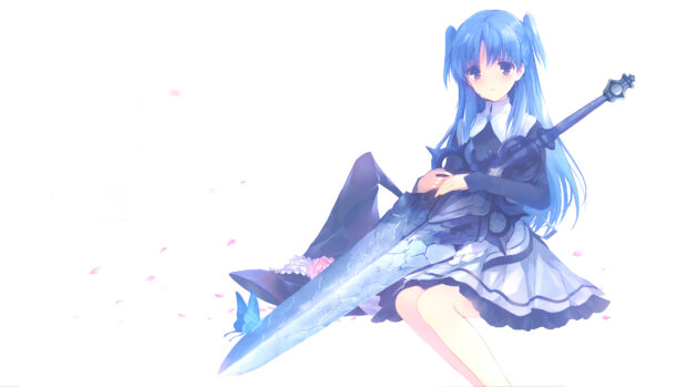 A Worldend Anime Wallpapers character holds a large sword while sitting surrounded by falling petals, 4K Desktop Wallpaper