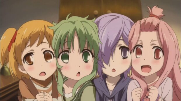Four anime characters show surprise and excitement in Worldend anime, HD Desktop Wallpaper