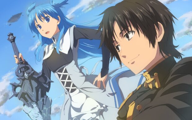Two Worldend anime characters pose under a bright sky with a large sword, HD Desktop Wallpaper