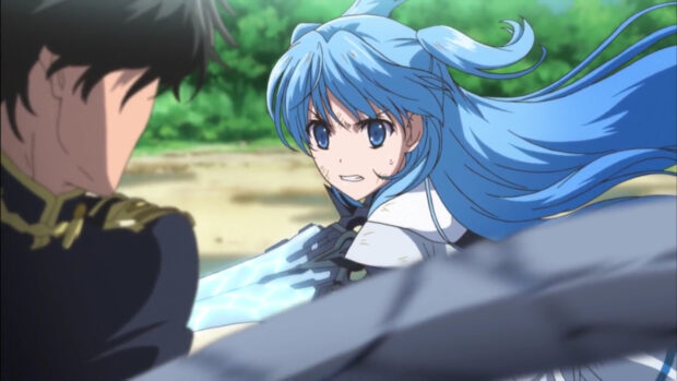 A blue haired character fiercely confronts an opponent in Worldend anime wallpapers, HD Desktop Wallpaper