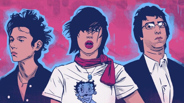 An artistic illustration of the Yeah Yeah Yeahs band members with bold colors, HD Desktop Wallpaper