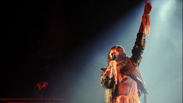 The Yeah Yeah Yeahs lead singer passionately performs on stage during a concert, HD Desktop Wallpaper