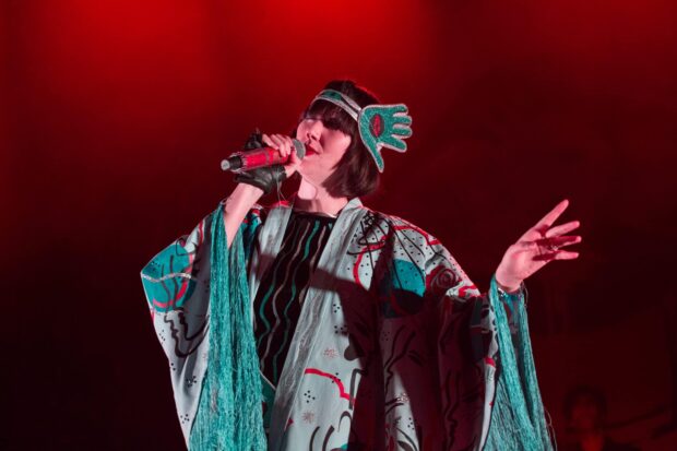 A singer from Yeah Yeah Yeahs sings passionately in a colorful outfit under red lights, HD Desktop Wallpaper