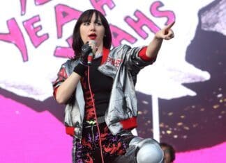 The lead singer of Yeah Yeah Yeahs points during a live stage performance, HD Desktop Wallpaper