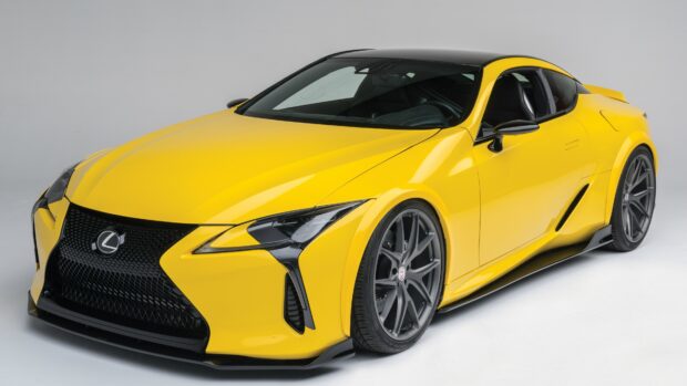 A yellow Lexus LC sports car with black grille and wheels shown clearly, 4K Desktop Wallpaper