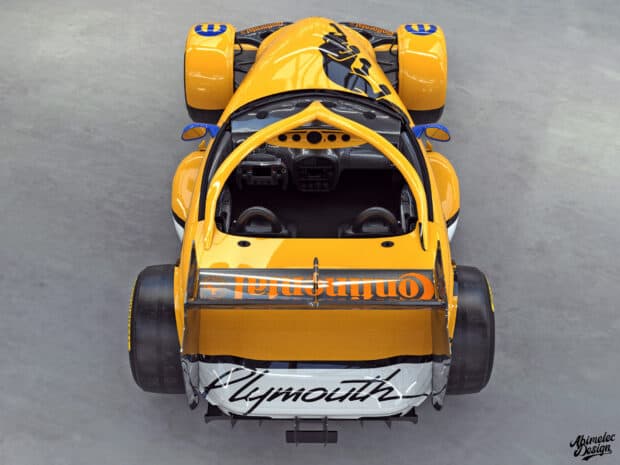 A yellow Plymouth Prowler with racing decals parked on a concrete surface, HD Desktop Wallpaper