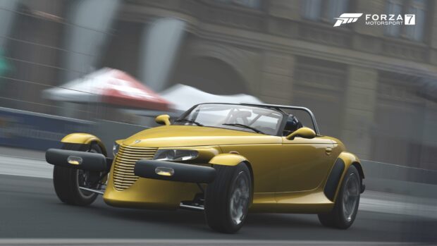 A yellow Plymouth Prowler is speeding on a city street in this dynamic scene, HD Desktop Wallpaper