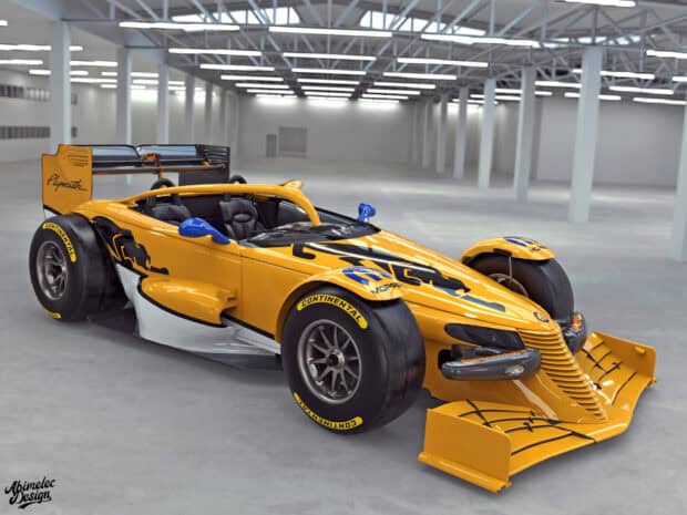 A yellow Plymouth Prowler racing car is displayed in a large indoor garage with detailed decals, HD Desktop Wallpaper