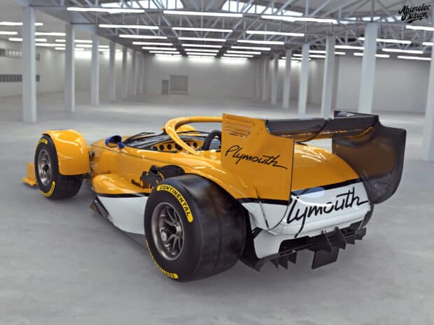 A yellow Plymouth Prowler racing car is parked inside a large warehouse with bright lighting, HD Desktop Wallpaper