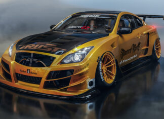 A yellow Infiniti G37 with custom body kit and racing decals under cloudy sky, 2K Desktop Wallpaper