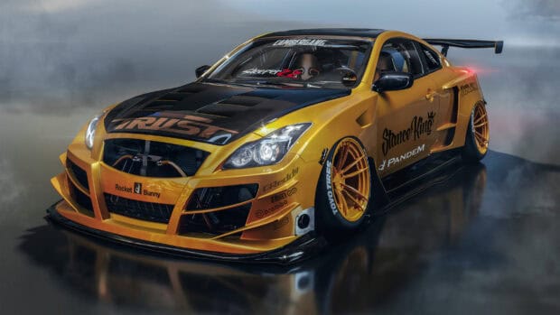 A yellow Infiniti G37 with custom body kit and racing decals under cloudy sky, 2K Desktop Wallpaper