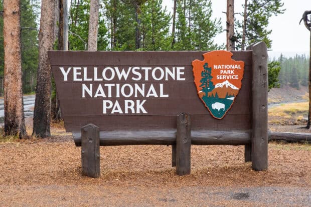 The Yellowstone National Park sign stands at the entrance surrounded by trees, HD Desktop Wallpaper