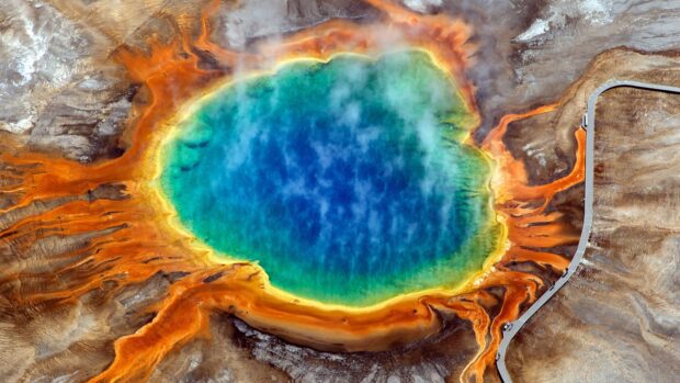 Aerial view of colorful hot spring at Yellowstone National Park with walking path, 4K Desktop Wallpaper