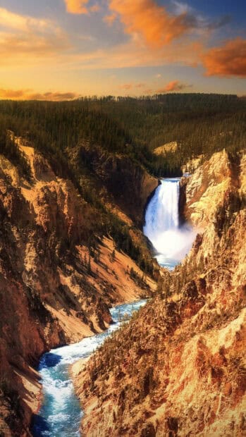 A vibrant waterfall flows through Yellowstone National Park with rugged cliffs and a forest, HD Phone Wallpaper