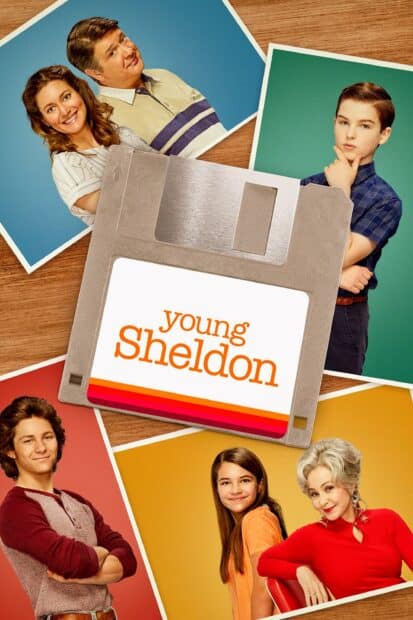 Young Sheldon TV series cast photos are displayed on colorful backgrounds with a floppy disk, 2K Phone Wallpaper