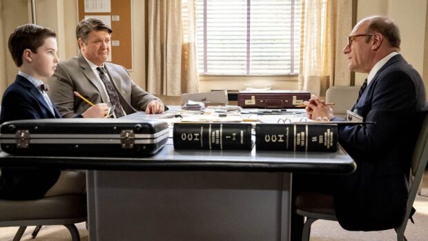 Young Sheldon TV Series wallpapers show characters in a serious legal discussion, HD Desktop Wallpaper