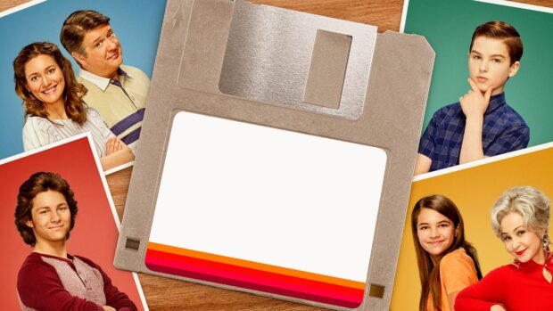 The Young Sheldon TV series features the main cast arranged around a floppy disk, Young Sheldon Tv Series Wallpapers 4K Desktop Wallpaper
