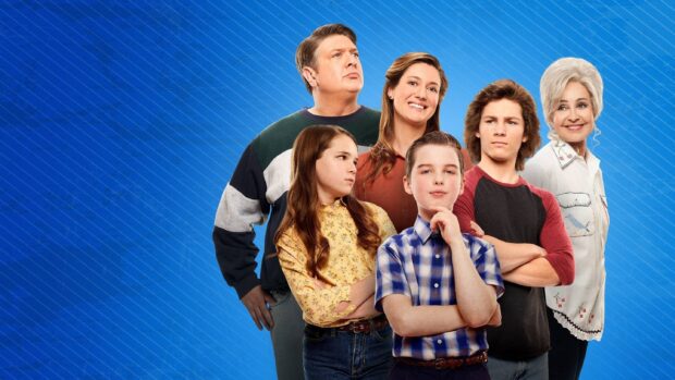 The Young Sheldon Tv series cast stands together with confident expressions, 2K Desktop Wallpaper