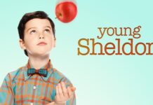 A young boy from Young Sheldon tv series is tossing an apple against a light blue background, 4K Desktop Wallpaper