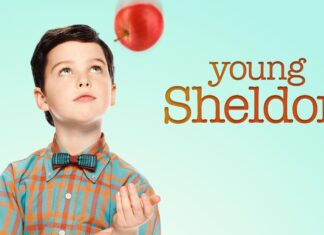 A young boy from Young Sheldon tv series is tossing an apple against a light blue background, 4K Desktop Wallpaper