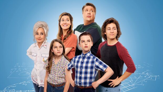 The Young Sheldon Tv Series cast poses together on a blue background with scientific drawings, 2K Desktop Wallpaper