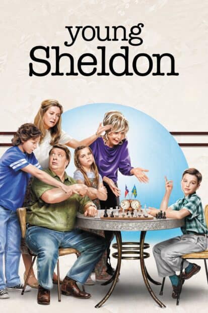 The Young Sheldon Tv Series cast is gathered around a table playing chess with focused expressions, 2K Phone Wallpaper