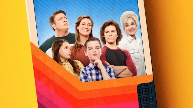 The Young Sheldon Tv Series cast is shown with colorful retro design in the background, 4K Desktop Wallpaper