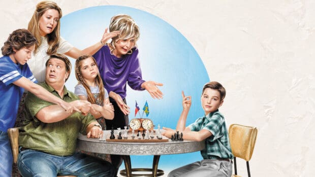 A family playing chess with Young Sheldon in a lively scene from Young Sheldon Tv Series, 4K Desktop Wallpaper