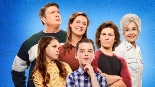 The Young Sheldon cast poses together showing different expressions in front of a blue backdrop, 4K Desktop Wallpaper
