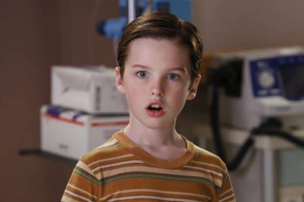 A young boy in a striped shirt shows a surprised expression in a scene from Young Sheldon Tv Series wallpapers, HD Desktop Wallpaper