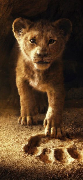 A lion cub stands over a large paw print on the ground in this scene from The Lion King Wallpapers, HD Phone Wallpaper
