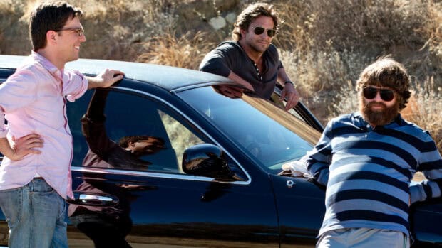 Zach Galifianakis wallpapers show three men casually leaning on a car outdoors, HD Desktop Wallpaper