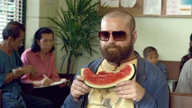 Zach Galifianakis is sitting indoors wearing sunglasses and holding a partially eaten watermelon slice, HD Desktop Wallpaper