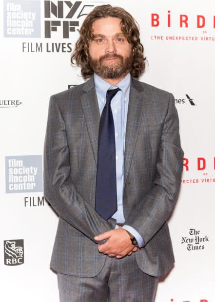 Zach Galifianakis stands in a gray checkered suit with a blue shirt and tie at an event, 2K Desktop Wallpaper