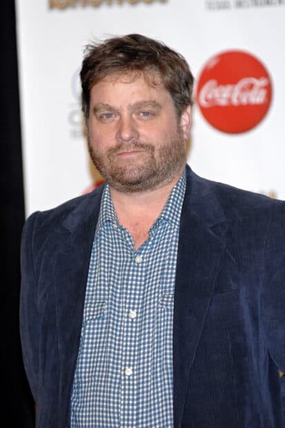 Zach Galifianakis is wearing a blue checkered shirt and blazer at an event, 2K Mobile Wallpaper