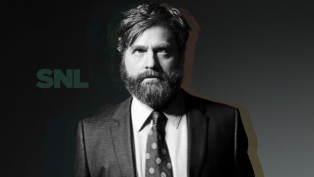 Zach Galifianakis looks serious wearing a suit and tie with SNL text in the background, HD Desktop Wallpaper