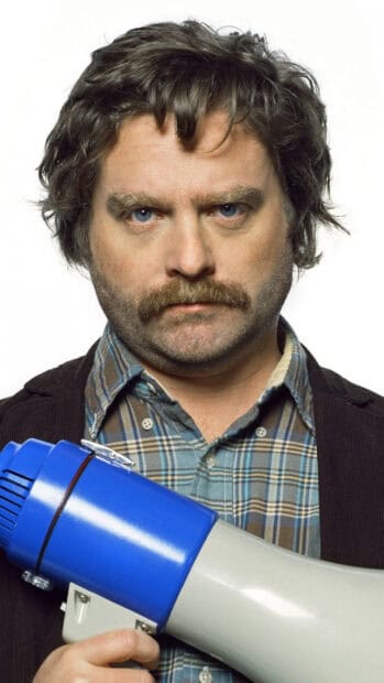 Zach Galifianakis holds a blue megaphone with a serious expression, HD Mobile Wallpaper