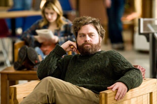Zach Galifianakis sitting in a thoughtful pose wearing a green sweater, HD Desktop Wallpaper