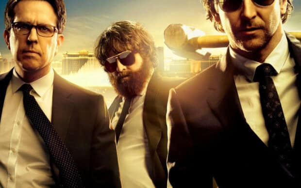 Zach Galifianakis is standing between two men wearing suits and sunglasses, HD Desktop Wallpaper