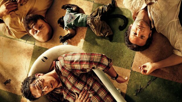 Zach Galifianakis with two men and a monkey lying on a tiled floor, HD Desktop Wallpaper