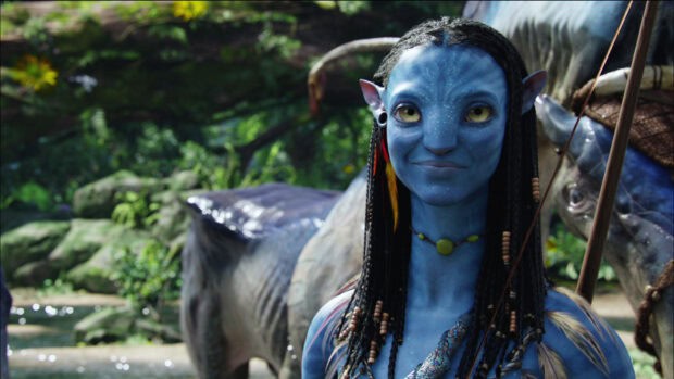 Zoe Saldana from Avatar stands in the forest with traditional attire and braided hair, HD Desktop Wallpaper