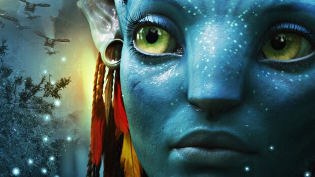 A close up of Zoe Saldana as Neytiri in Avatar showing detailed facial features, HD Desktop Wallpaper