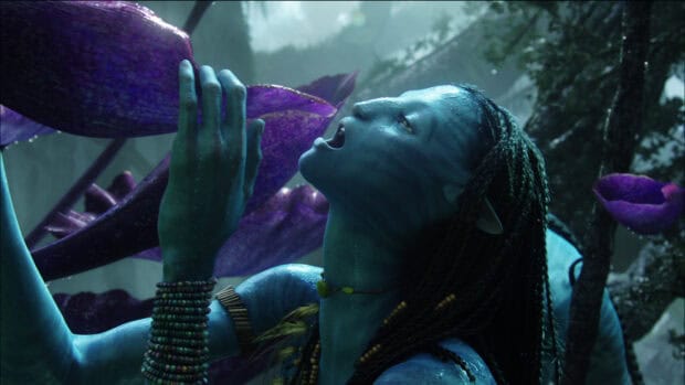 Zoe Saldana as Neytiri drinks from a purple plant in Avatar, HD Desktop Wallpaper