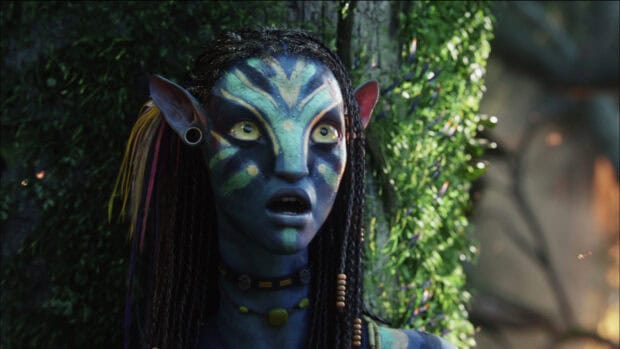 Zoe Saldana as Neytiri from Avatar with face paint and intricate jewelry, HD Desktop Wallpaper