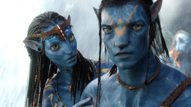 Zoe Saldana is shown as a Na'vi character in Avatar movie scene, 4K Desktop Wallpaper