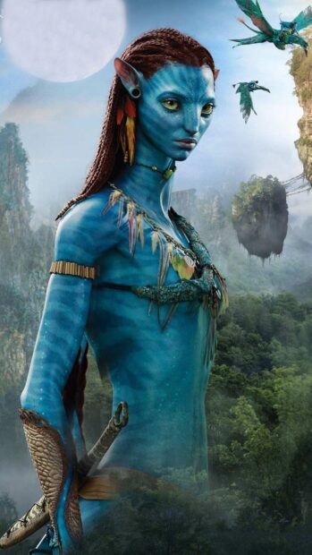 Zoe Saldana Avatar Wallpapers shows her character in a detailed blue alien form with floating mountains in the background, HD Mobile Wallpaper