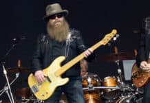 A Zz Top band member with a long beard playing a yellow bass guitar during a live performance, 2K Desktop Wallpaper