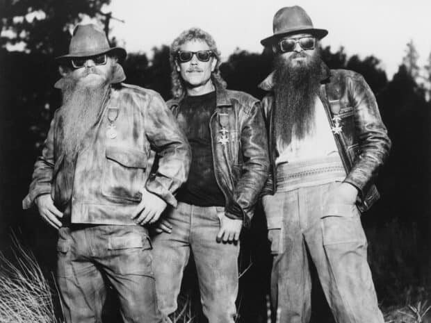Three Zz Top band members posing outdoors, HD Desktop Wallpaper