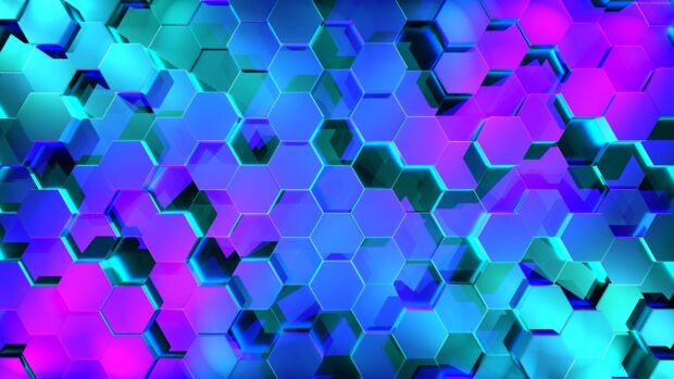Abstract 3D hexagonal shapes vivid in blue and purple colors form honeycomb patterns, 4K Desktop Wallpaper